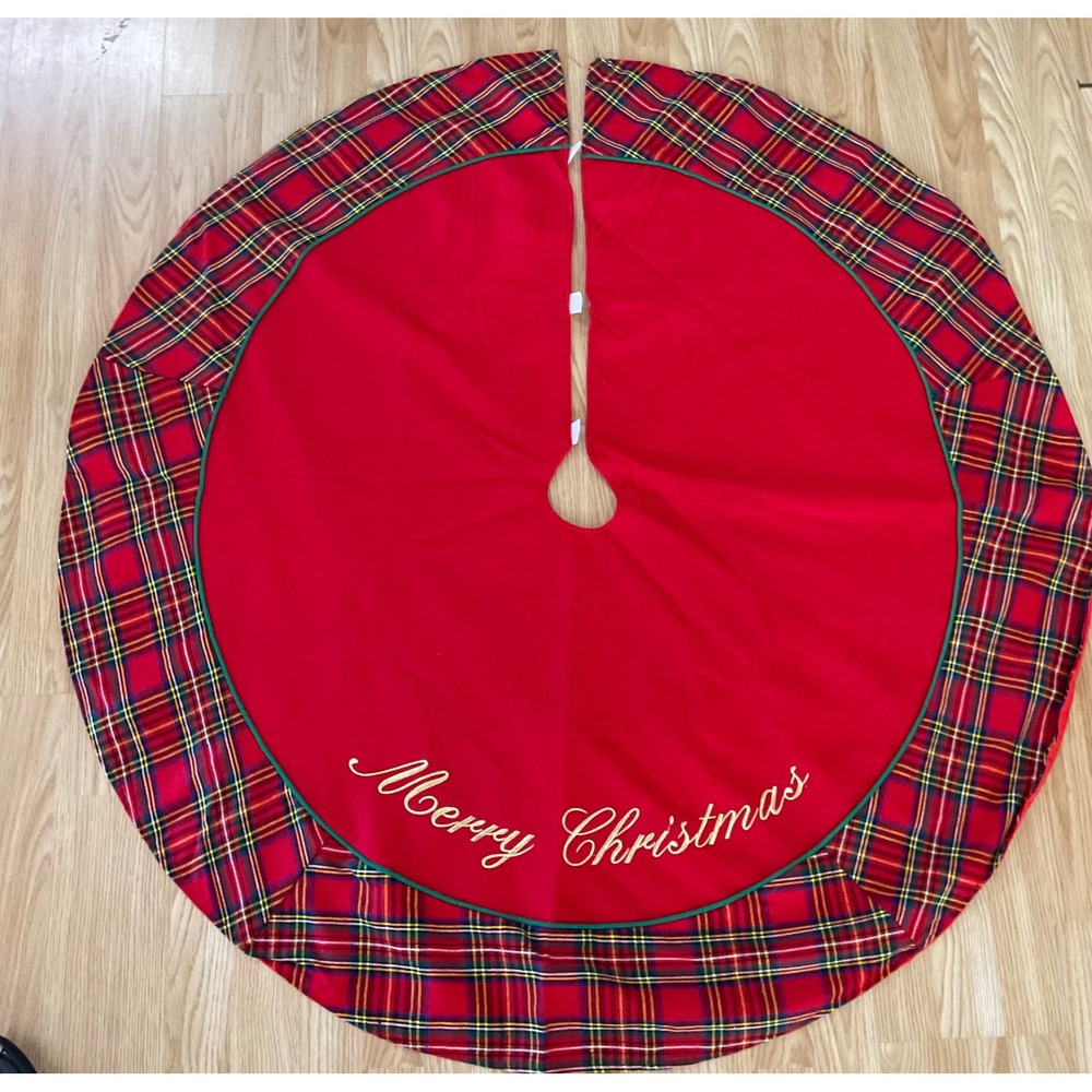 St Nicks Choice Red Plaid Christmas Tree Skirt Merry Christmas Gold Embroidery